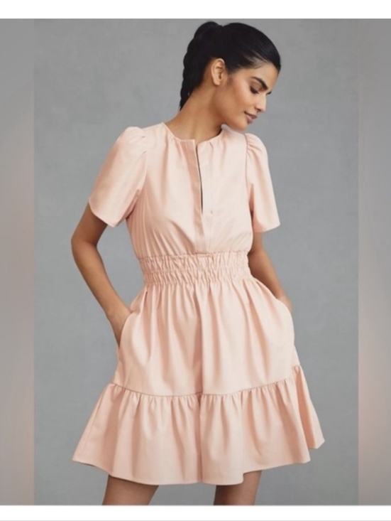 Anthropologie Dresses & Skirts - Anthropologie Somerset Vegan Leather Mini Dress Pink Rose Smocked Waist NWT